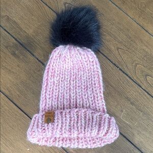 Pink Chunky Knit Hat with Black Pom-Pom